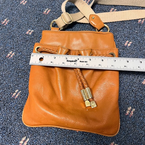Michael Kors Brown Woodside Leather Canvas Crossbody Handbag Drawstring Small - Picture 10 of 11